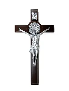 Wooden crucifix with accent silver corpus and Saint Benedict medal