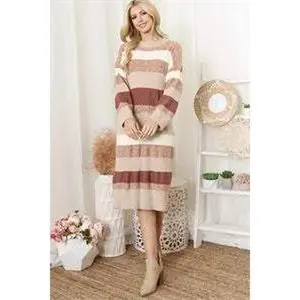 RUST MULTI STRIPE MOCK NECK SWEATER DRESS
