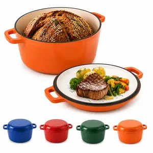 26cm 2-in-1 Enameled Cast Iron Dutch Oven with Skillet Lid, Heavy Duty Soup Pot for Braising, Baking and Daily Cooking braiser pan Cookware