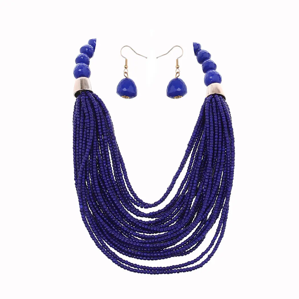 African Bead Necklace Earring Sets Blue Bib Seed Statement Chunky Collar Multi Strand Boho Jewelry Accessories for Women and Girls