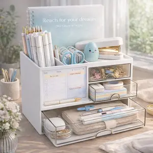 Desk Organizer with Drawers & Compartments | Multifunctional Pen & Pencil Holder for Office, Home & Art Supplies | Durable Waterproof Plastic