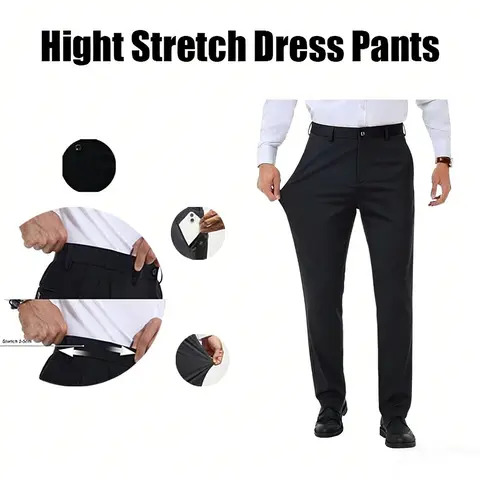 Men's Plain Stretch Polyester-Elastane Blend Semi-Formal Slacks - Menswear, Fashion Clothes Products, Multi-Size, All-Season, Less Bulk, Wrinkle-Resistant Straight Leg, Lightweight Soft Fabric, Crown Embroidery, Corporate Office Bottoms, Button-Accented
