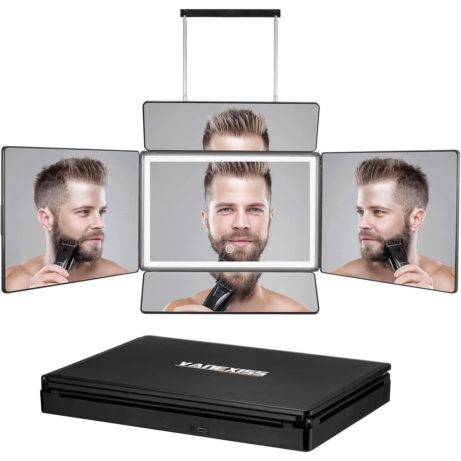 Rechargeable Trifold Real Glass Mirror with Lights - Dimmable Bathroom Gadget, Adjustable, Socket-Powered, Telescoping Hooks for Door/Vanity, Portable Bag-Included DIY Hair Tool, No Fog, No Distortion, Saves Time and Money, Trifold Mirror, Real Glass, No
