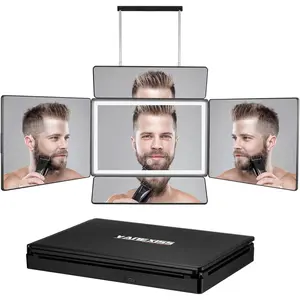 5 Way Mirror for Hair Cutting, Real Glass Adjustable Trifold Mirror with Light & Telescoping Hooks for Makeup & Styling - Portable DIY Tool to Cut, Trim or Shave Your Head & Neckline