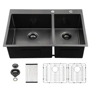 Sarlai 33 x 22 Inch Gunmetal Black Drop In Kitchen Sink 60/40 Double Bowl Topmount Kitchen Sink 16 Gauge Stainless Steel Kitchen Sink Drop In Sink