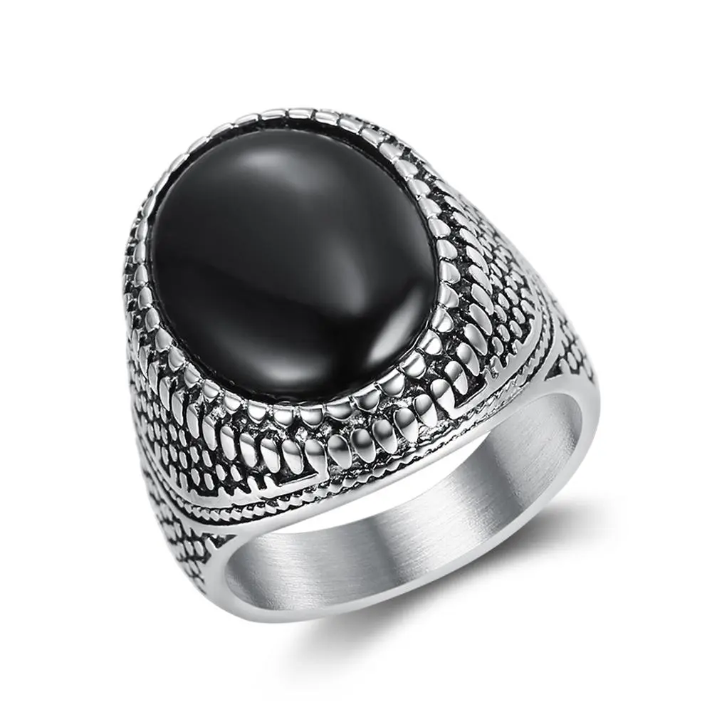 Men's Elegant Retro Stainless Steel Ring - Oval Black Cat Eye Stone, Textured Geometric Band, Elegant Fashion Rings for Daily Wear & Parties, Graduation, Male, Party, Textured Band