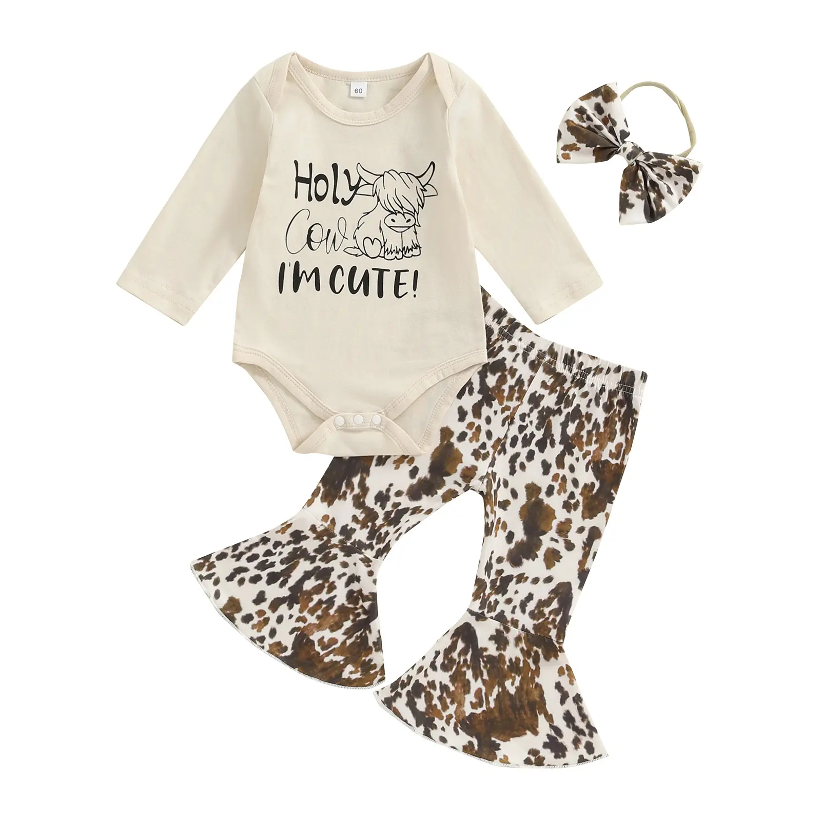 FOCUSNORM Newborn Baby Girl Western Clothes Holy Cow I'm Cute Long Sleeve Romper Bell Bottom Pants Set 3Pcs Fall Winter Outfits