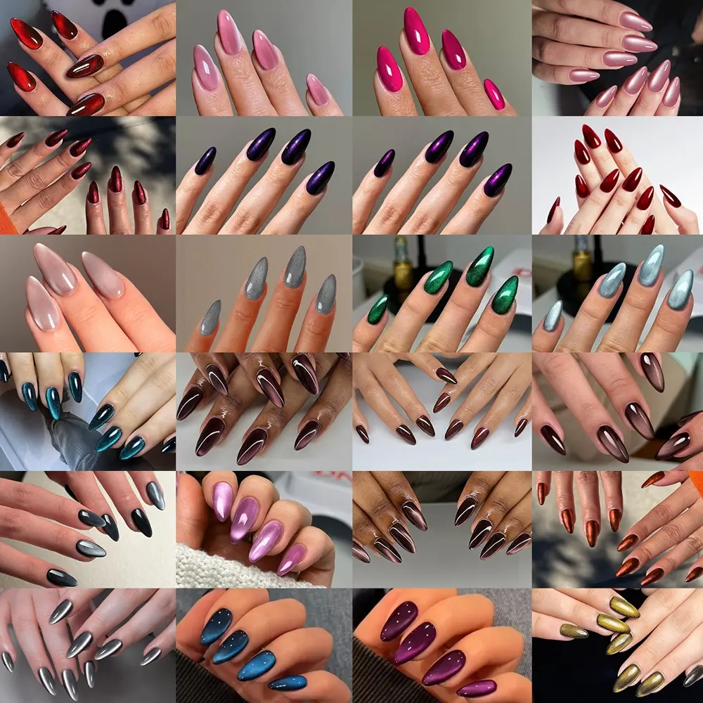 576pcs Long Almond Shape Crystal Cat Eye Glossy Nail Tips Set, Perfect Fit, Blue Wine Color, Almond Nails, Nail Tips Art, Glossy False Nails, Almond Fake Nails