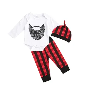 Ma&Baby Newborn Baby Boys Girls My 1st Christmas Outfits Deer Print Romper Plaid Pants Hat 3Pcs Fall Winter Set