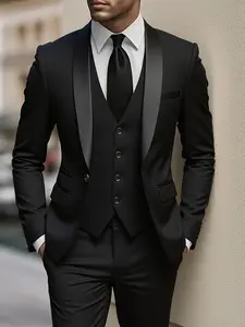 Elegant Men'S 3pcs Suit - Slim Fit Tuxedo Set for Weddings & Formal Occasions, Black Suit with White Shirt & Pants, Perfect for Office Meetings and Elegant Events, Formal Attire|Slim Fit Suit|Durable Wedding Wea Exquisite Suits