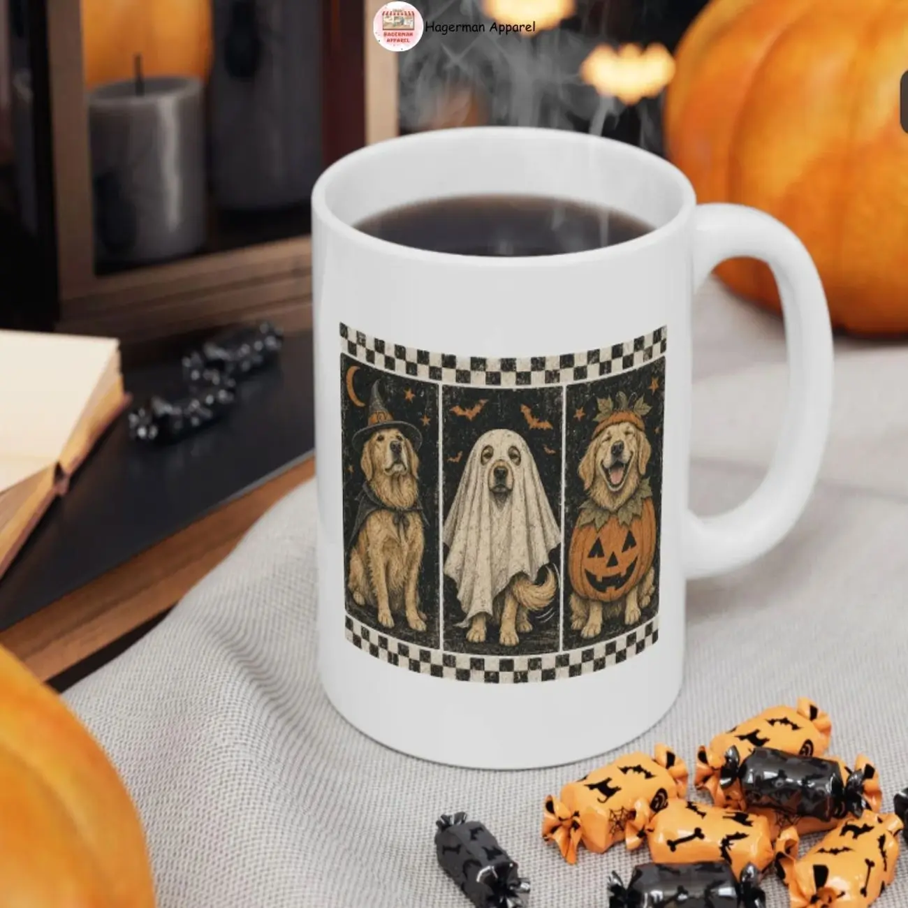 Retro Panel Retriever Halloween Mug, Vintage Distressed Dog Costume