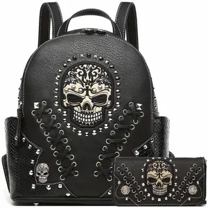 Sugar Skull Punk Art Studded Motorcycle Wallet Women's Fashion Backpack Python Backpack Crossbody Bag Wallet Set, Black Set, Ideal Christmas Gift