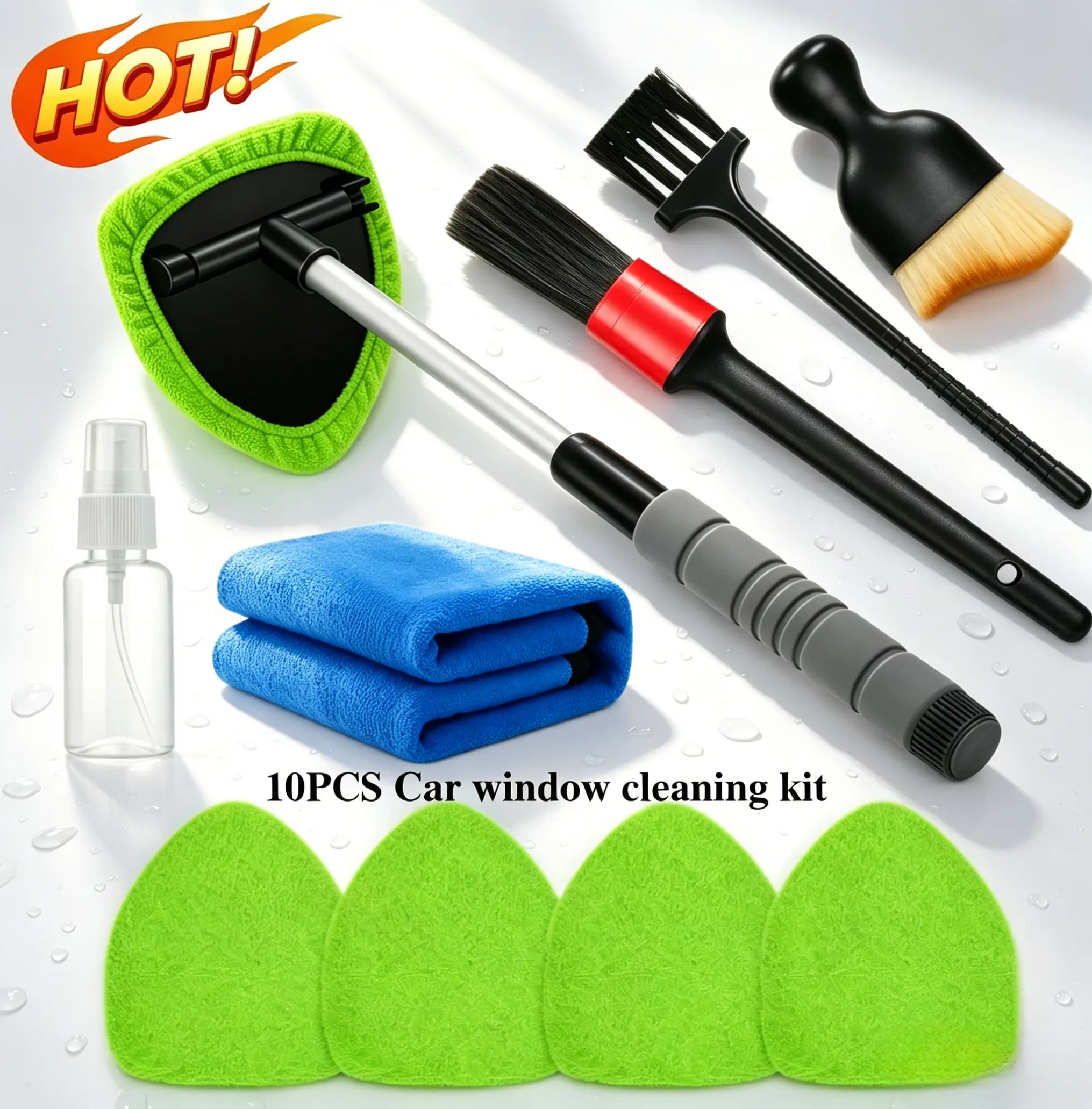 10 Pieces Car Windshield Cleaner Tool Kit - Auto Glass Cleaning Supplies with Extendable Handle, Rotatable 180° Head, 4 Microfiber Replacement Covers, 3 Vent Brushes, Blue Towel, Empty Spray Bottle for Car Detailing, All Vehicles Car Washing Kit