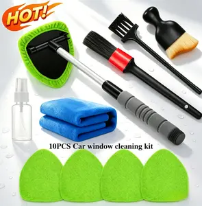 10Pcs Car Windshield Cleaner Tool Kit – Auto Glass Cleaning with Extendable Handle, 4 Microfiber Replacement Covers, 3 Vent Brushes, Blue Towel & Empty Spray Bottle for Car Detailing, SUV RV Home Windows