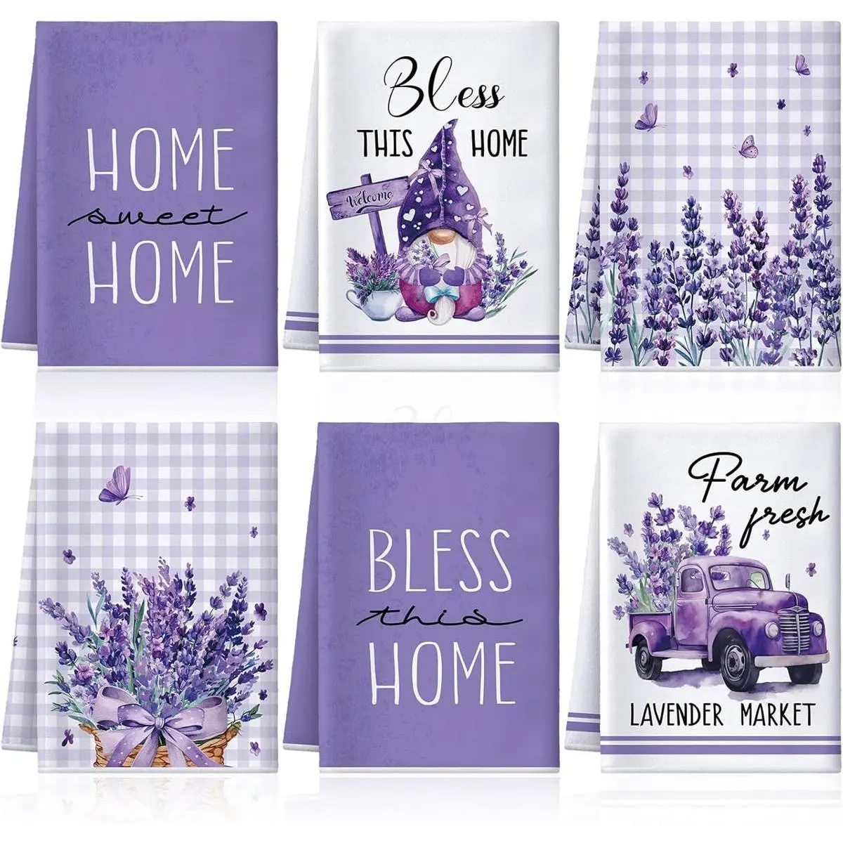 Purple 6-Piece Generously Sized Spring Lavender Butterfly Design Kitchen Towels - Absorbent, Ideal for Wiping Down Countertops, Farmhouse Rustic Hand Towel, Spring Holiday Gift, 16x16 Inches