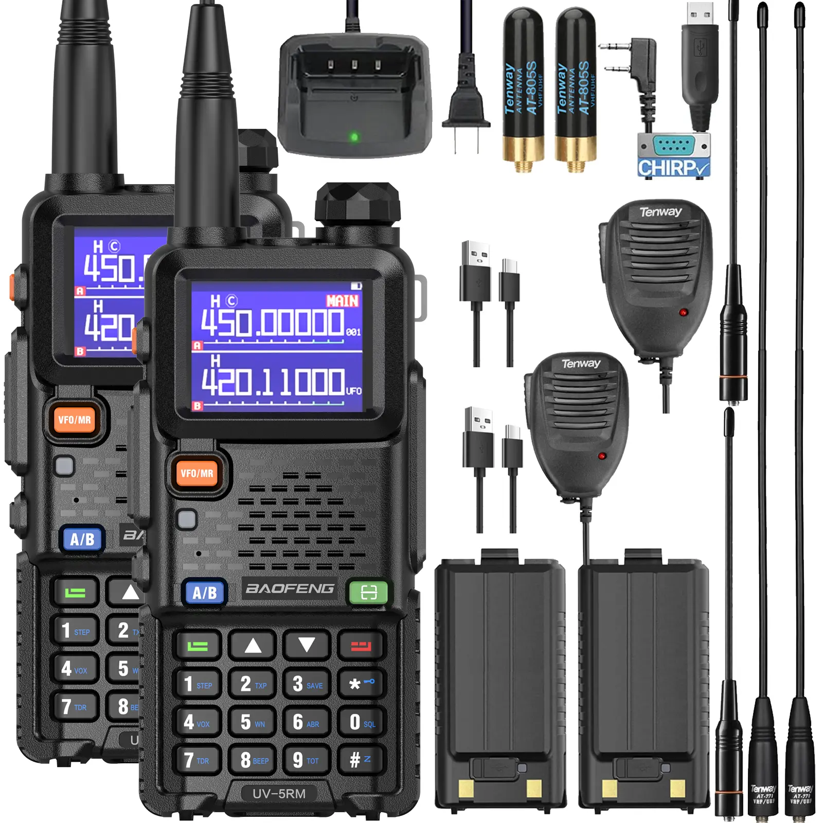 Baofeng UV-5RM Portable Handheld Ham Walkie Talkie - 10W Dual Band Audio Device, 5km Max Range, USB-C Rechargeable Charging, Programming Cable, NOAA Emergency Features, Survival Gear (Box Included, Not Water Resistant)