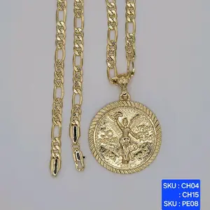 Beautiful Centenario Pendant Laminated Gold Chain Figaro Link Diamont cut 24 & 18 inches 5mm wide. SKU : CH04, CH15. SKU : PE08