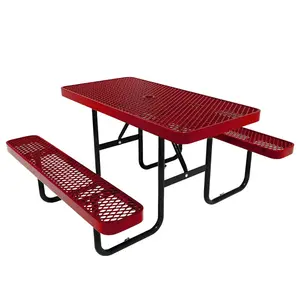 HIG Heavy Duty Rectangular Outdoor Picnic Table with Steel Frame, Thermoplastic Coating, Umbrella Hole, Built-in Benches, Seats 8, for Park, Patio, School (Red, 72 inch)
