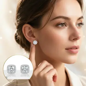 Limited Deal！925 Silver Round & Square Paved Diamond Earring Set，Wear 2 Ways In One Pack