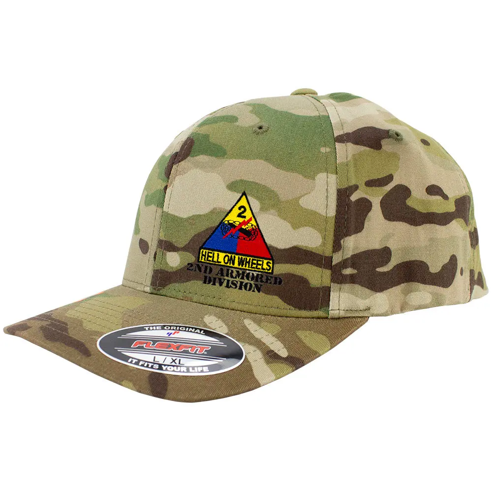 2nd Armored Division Multicam Flexfit Cap, Structured 6-Panel Poly-Cotton Blend, Embroidered at the USAMM Shop, 3-1/2 Crown, Camouflage, 63% Poly, Fitted