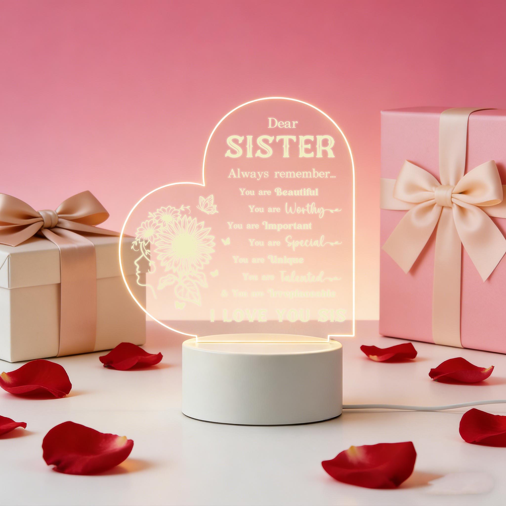 2D Heart Shaped Sister Night Light, Sunflower Decorative LED Table Lamp with Inspirational Quote, Personalized Birthday Christmas Gift for Sister, USB Powered Warm White Desk Lamp for Bedroom Living Room