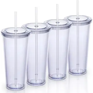24oz Double Wall Plastic Tumblers with  and Straws| Large Classic Travel Tumbler| 4 Pack Set of 4| Clear  Cups with Straws|