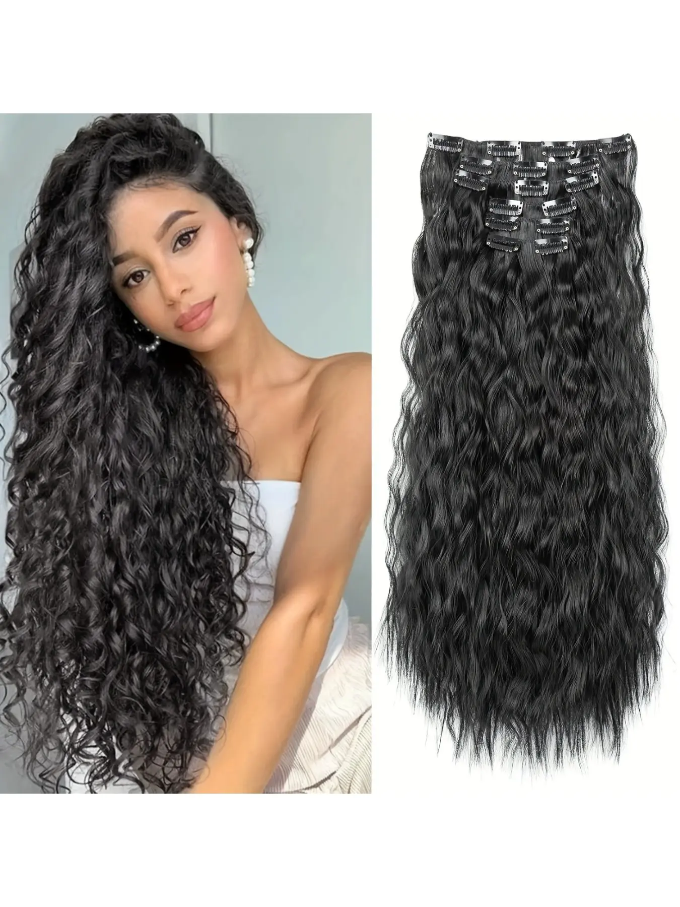 16 Card 6 Piece Set Hair Clips Extension Pieces Synthetic Corn Curl Long Curly False Hair Extensions, Durable & Stylish Design, Deep Wavy Curly, Curly Clip Ins, Synthetic Hairpieces, Synthetic Fiber Extensions