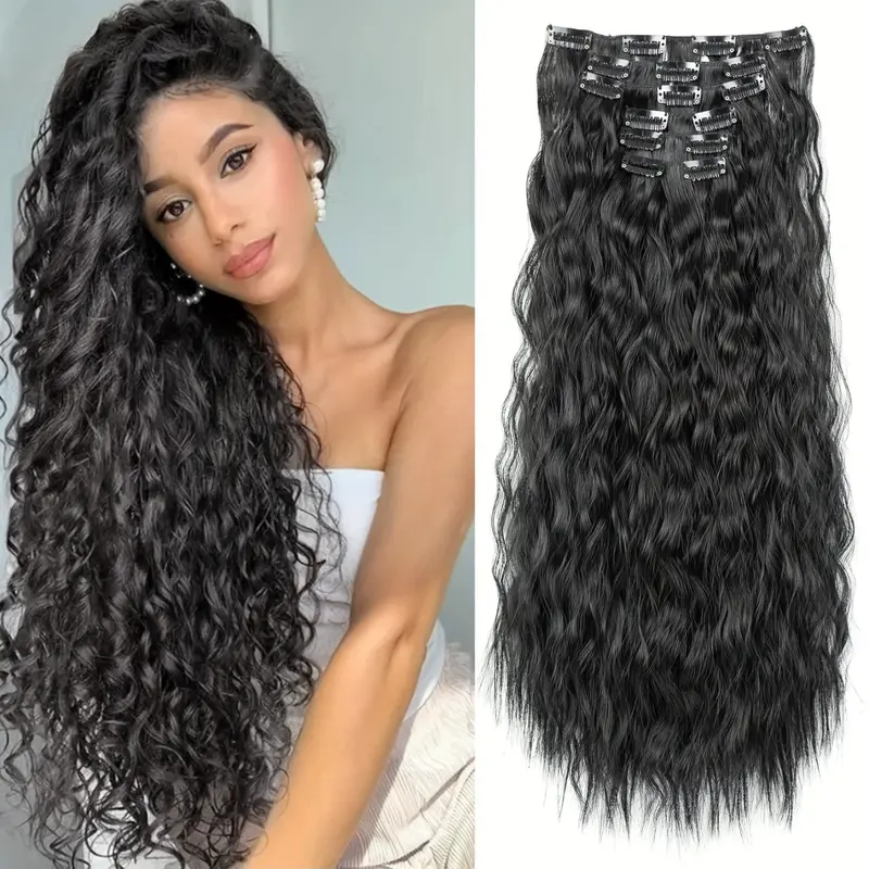 16 Card 6 Piece Set Hair Clips Extension Pieces Synthetic Corn Curl Long Curly False Hair Extensions, Durable & Stylish Design, Deep Wavy Curly, Curly Clip Ins, Synthetic Hairpieces, Synthetic Fiber Extensions