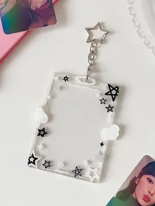 Cute Star and Cloud Korean Pop Music Photo Card Holder Keychain, Sparkling Transparent PC Case with Star Charm, Kawaii Fan Photo Protection Film, Badge Holder