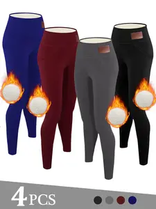 4pcs Cozy Thermal Pants - Soft, Comfy, Slim-Fit, Plush Lined, Elastic Waistband, Warm, Fleece-Lined, Winter Lingerie & Sleepwear for Women