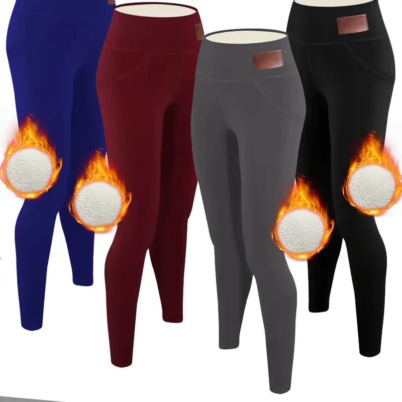 4pcs Cozy Thermal Pants - Soft, Comfy, Slim-Fit, Plush Lined, Elastic Waistband, Warm, Fleece-Lined, Winter Lingerie & Sleepwear for Women Minimalist Basic