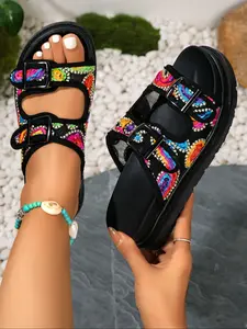 Ethnic Embroidered Thick Sole Rubber Slippers for Women, Outdoor Wear Dual Buckle Strap, Vintage Platform Cool Slipper, Thick Bottom Slippers