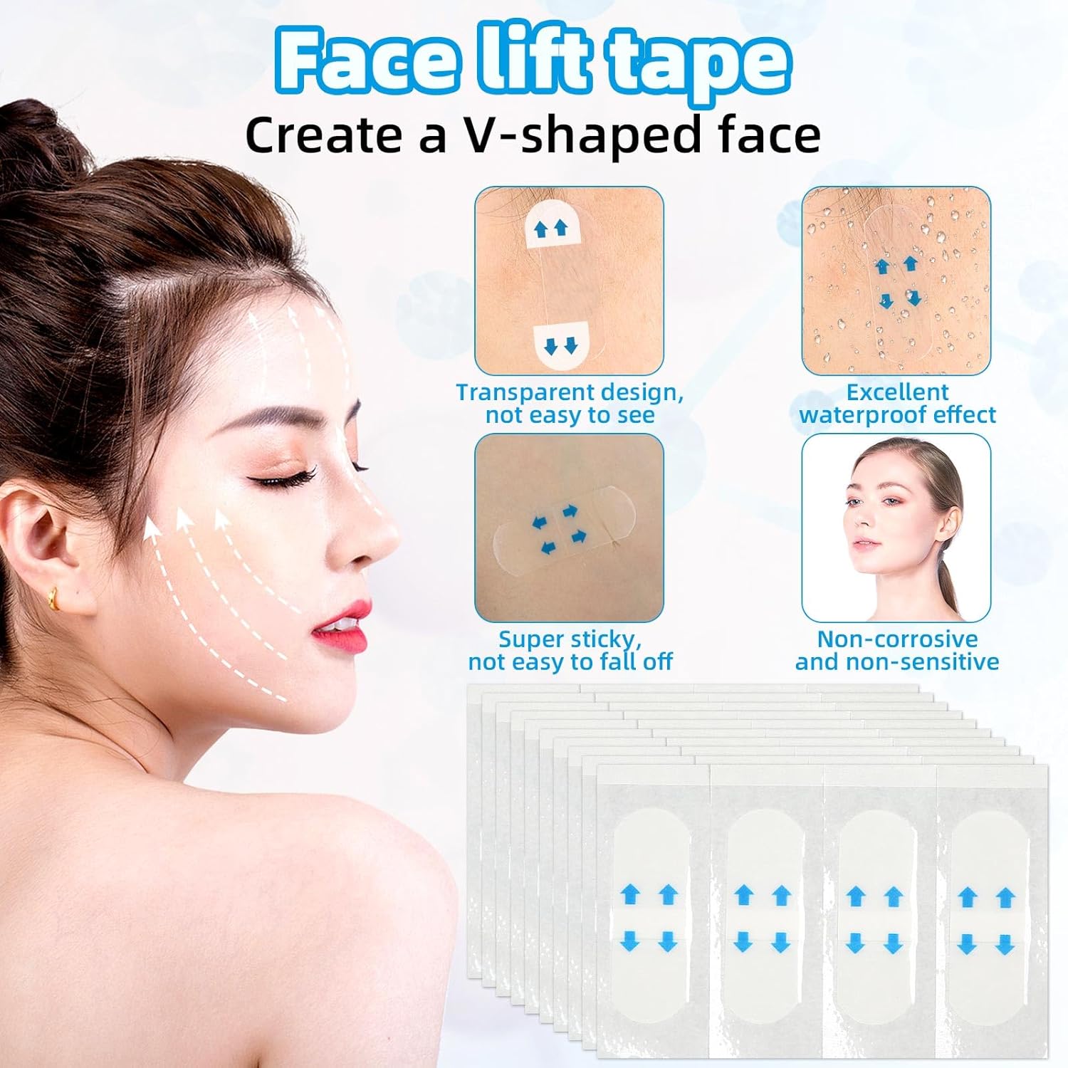160pcs Face Bande Lifting Tape, Invisible Neck Lift Patches Firming Neck and Facial Contour Facelift Tape Waterproof Adhesive Tightening Strips Visage for Double Chin, Jowls, Eyes & Sagging Skin