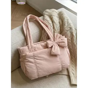 Pink Quilted Tote Bag for Women, Bow Shoulder Bag, Roomy Lightweight Purse, Stylish Everyday Commuter Bag for School, Work, Shopping, Travel, Casual Outings, Daily Use, Fashion Accessories