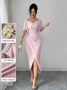 Modelyn Women's Pink Sweetheart Neck Fitted Midi Dress Featuring Elegant Puff Short Sleeves And Stylish Wrap Details