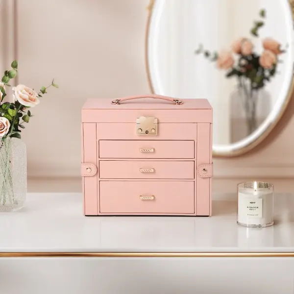 4-Tier Huge Jewelry Organizer with Small Case 3 Drawers for Earrings Rings Bracelets Watches Modern Design