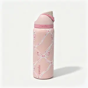 Owala 32oz Coquette Aesthetic Pink Bow Pattern Stainless Steel Water Bottle, Portable Flip Top Insulated Tumbler with Carry Loop, Trendy Coquette Gift for Girls & Women