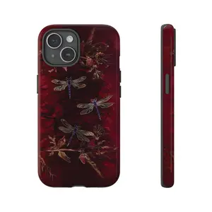 Crimson Flight Dragonfly Phone Case for Boho Style and Sophistication, Red Velvet Design, Unique Gift, Protective Cover, Tough Cases for iPhone Samsung Galaxy Google Pixel Waterproof Polycarbonate TPU Impact Resistant Trendy Aesthetic