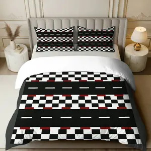 3PCS Duvet Cover Set, 1 Duvet+2 Pillowcases(Without filler), Checkered Racing Stripe Modern Minimalist Monochrome theme, No particular Festival bedding set, Geometric pattern Suitable for decoration Bedroom, Guest room, Dormitory, Hotel.