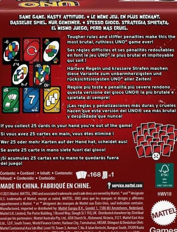 UNO Show ‘em No Mercy Plus Card Game in Storage & Travel Tin for Kids, Adults & Family Night with Extra Cards, Special Rules & Tougher Penalties