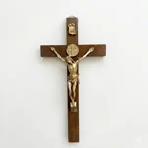 Wooden St. Benedict Christian Wall Crucifix, Religious Home Decor for Christianity-Inspired Living Spaces