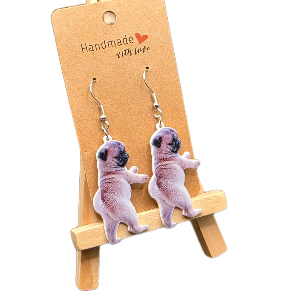 Pug Shape Animal Motif Hook Earrings, Lightweight Plastic, Durable Handmade Costume Jewelry, Easy Cleaning, Perfect for Everyday Use