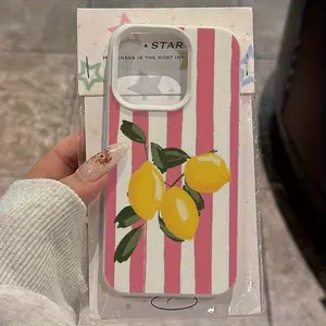 White lychee texture with pink striped lemon pattern business anti-drop TPU protective case, highly aesthetic, compatible with iPhone 17/16/15/14/13/12/11/X/XS/XSMAX, a holiday gift for friends, family, and yourself