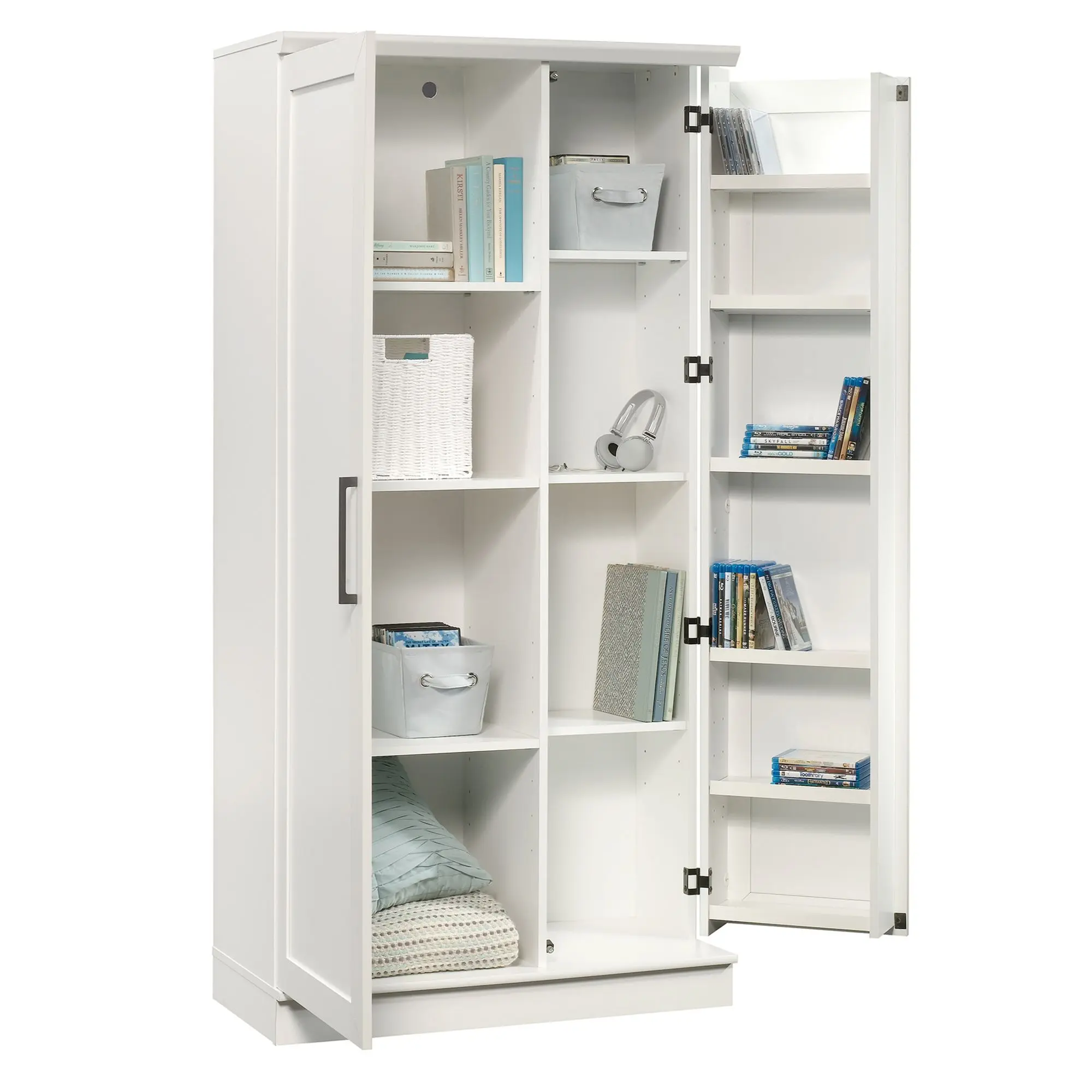 Sauder Wood Homeplus Storage Cabinet - Soft White, Adjustable Shelves, Stylish Black Handles, Framed Panel, Space Saving Furniture, Assembly Required, Can Be Assembled With Swing-Out Storage (For Kitchen, Laundry)