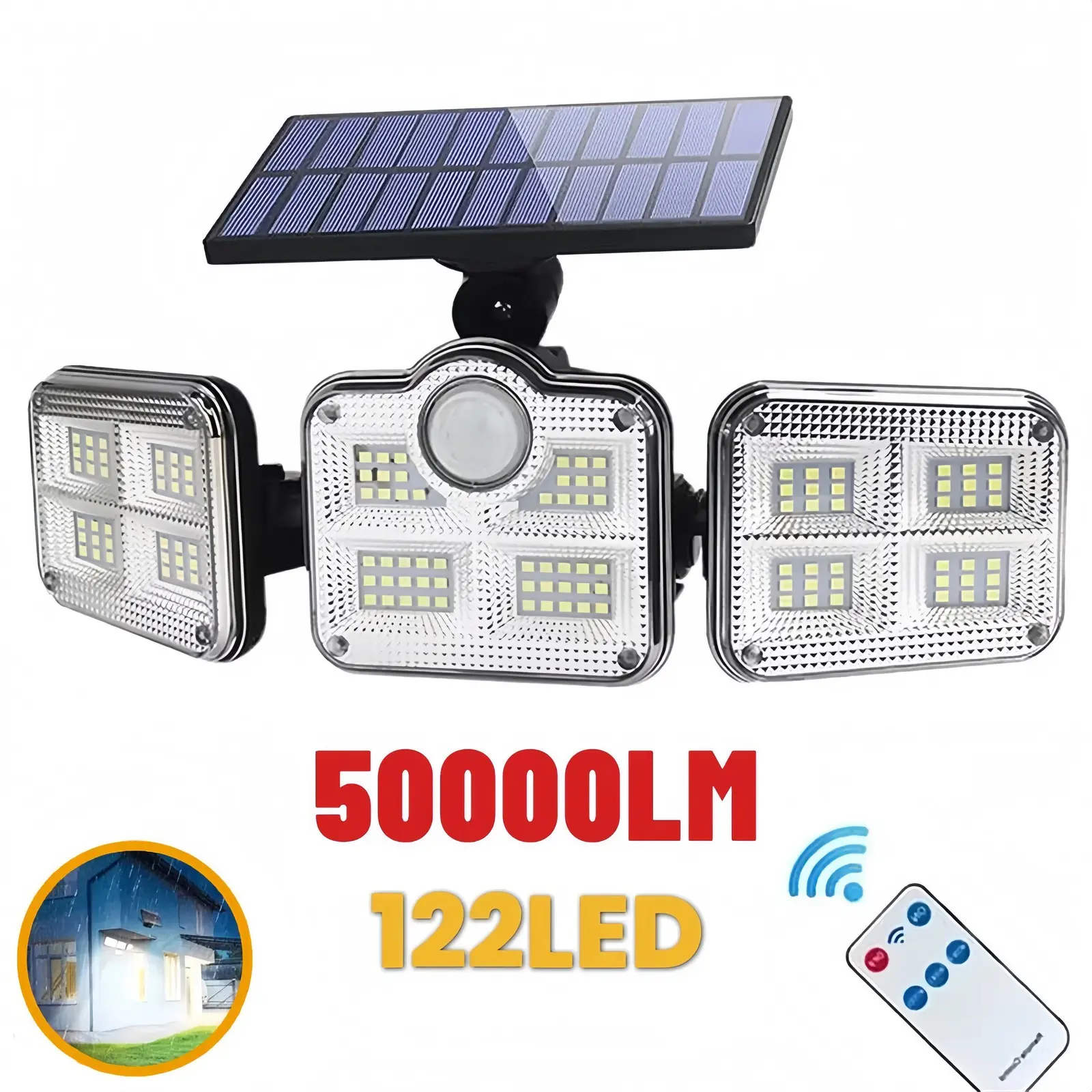 50000LM 122 LED Solar Light With Remote Flood Light 3 Head Solar Spotlight Wall Lamp Outdoor Waterproof Super Bright Motion Sensor Light ,Save Energ