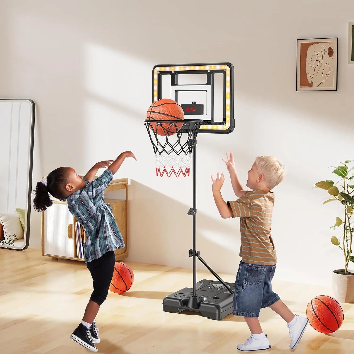 Unisex Kids Freestanding Basketball Set - Adjustable Height, LED Light Backboard, Digital Score Remote Timer, Complete Kit with Basketballs & Air Pump