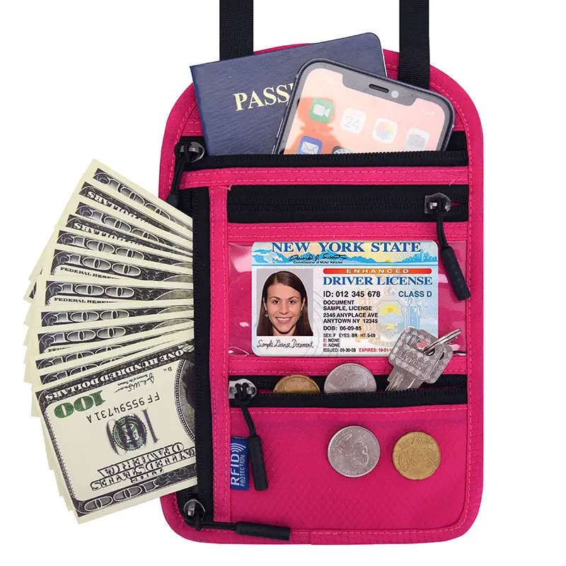 Multi functional neck hanging passport bag RFID crossbody shoulder storage bag for international flights, anti-theft ID bag