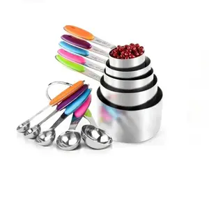 Premium Measuring  stackable Cups and Spoons Set, Heavy-Duty Stainless Steel with Colorful Handles for Kitchen Use