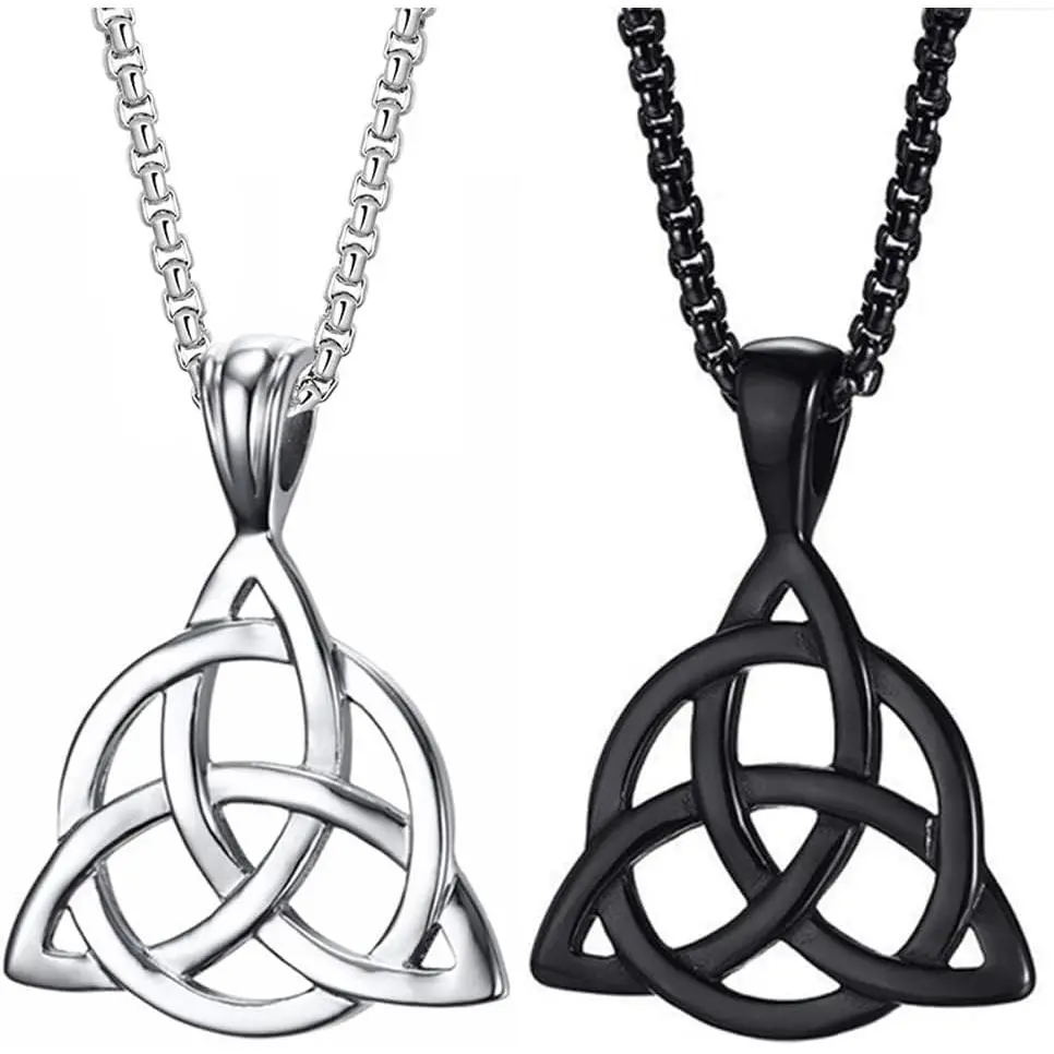 2 counts Celtic Knot Necklace Irish Triangle Circle Amulet Pendant Necklace Gothic Punk Rock Hip Hop Jewish Star Pendant Necklace for Men - Black Silver