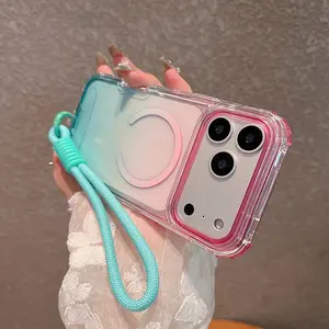 Gradient Color High Clear PC+TPU Armor Shockproof Protective Wrist Straps Case For iPhone 17 Air 16 15 14 13 12 11 Pro Max 16 Plus Magnetic Cover Accessories